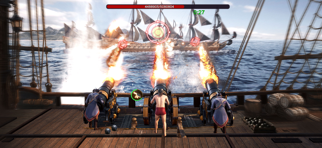 Jugabilidad de combate naval mostrando cañones disparando a un barco enemigo en Guns of Glory Lost Island