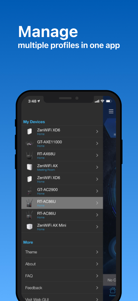 ASUS Router - Interfaccia dell'app ASUS Router che mostra un elenco di più dispositivi di rete gestiti come router ZenWiFi e ROG.