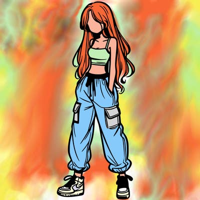 girl in baggy pants crop top and long hair