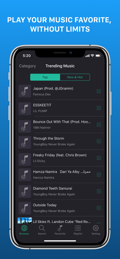 Music on Top - MP3 Music Play - Music on Topアプリ画面にトレンドの曲リストを表示