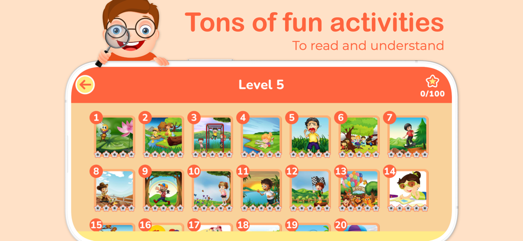 I Read: Reading Comprehension - Interface of the I Read app showing a selection of reading comprehension activities and levels for kids