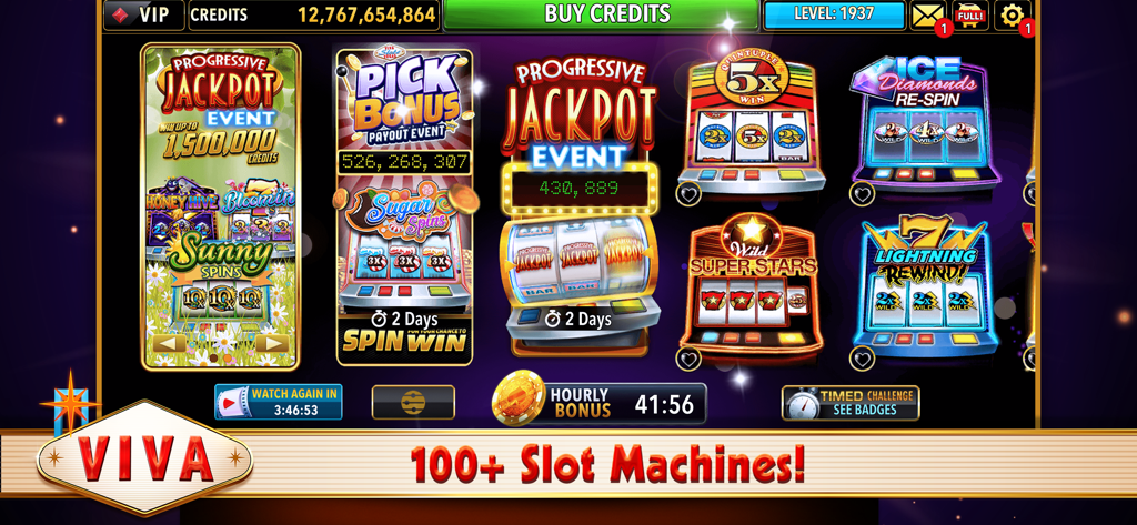 Menu de jeu Viva Slots Vegas montrant divers thèmes de machines à sous classiques et événements de jackpot.