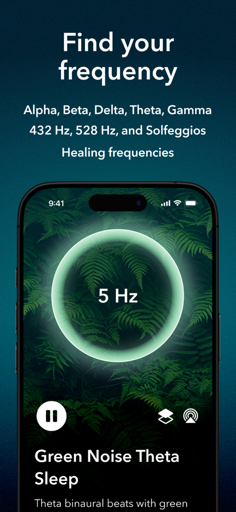 Interface of Moongate app playing 5 Hz frequency with green noise background