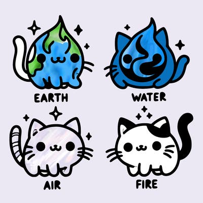 4 cats that represent the different elements, earth, water, air, and fire