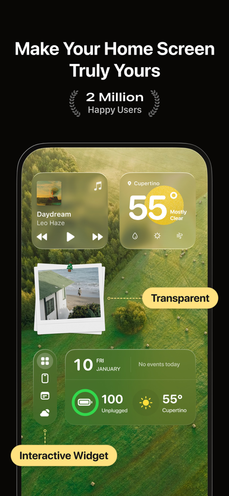 Pantalla de inicio estética de iPhone con widgets transparentes e interactivos para música, clima y batería
