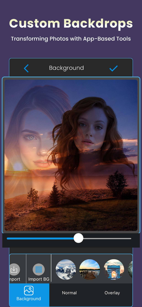 Double Exposure: Photo Merge - A mobile interface for the Double Exposure app showing a portrait of a woman merged with a sunset landscape using custom backdrop tools.