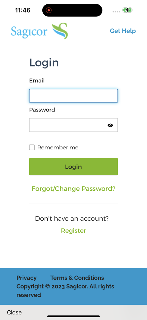 Login screen of the Sagicor Go mobile app featuring email and password input fields
