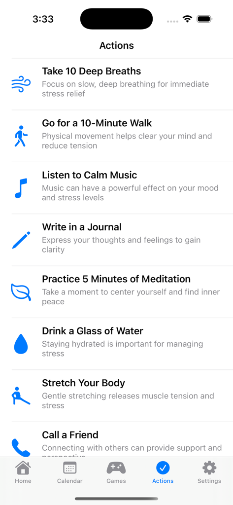 List of relaxation activities in the Stress Relief app