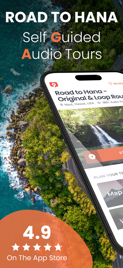 Road to Hana Maui self-guided audio tour app with coastline background