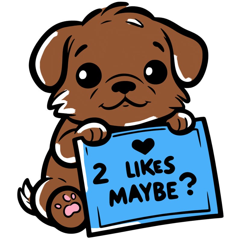 a puppy holding a sign that says 2 likes maybe?