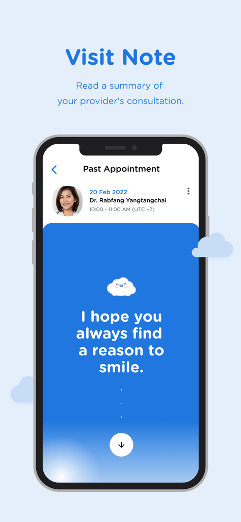 Captura de pantalla de la función de nota de visita de la aplicación Ooca que muestra un resumen de una consulta anterior