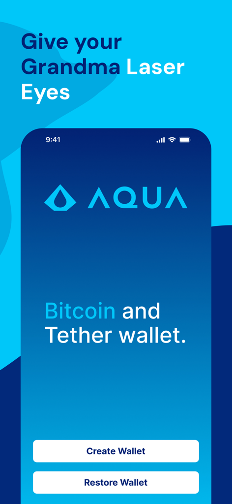 AQUA Wallet onboarding screen featuring options to create or restore a Bitcoin and Tether wallet.
