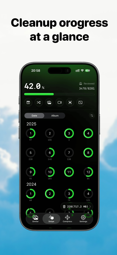 42% 완료된 월별 사진 보관함 정리 진행 상황을 보여주는 ByePhotos 앱 인터페이스