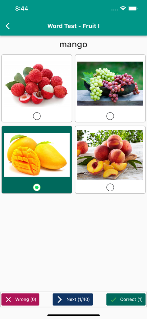 English Vocabulary in Use - English vocabulary app image test showing four fruit options to identify the word mango
