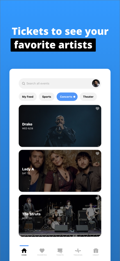 TickPick: No Fee Tickets - TickPick app interface displaying concert ticket options for artists like Drake and Lady A with a search bar and category filters