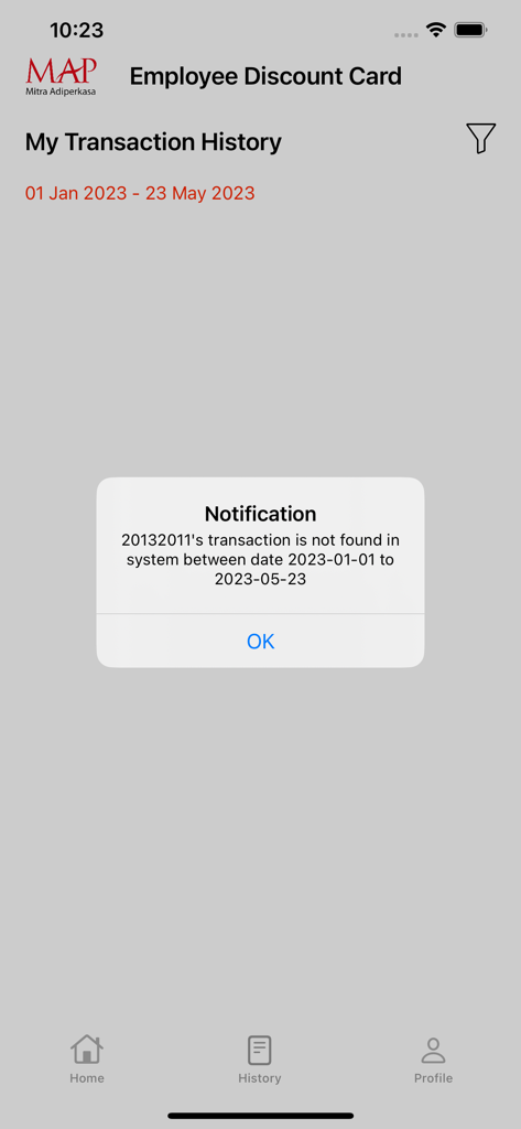 Transaction history page of the MAP EDS app with a notification popup