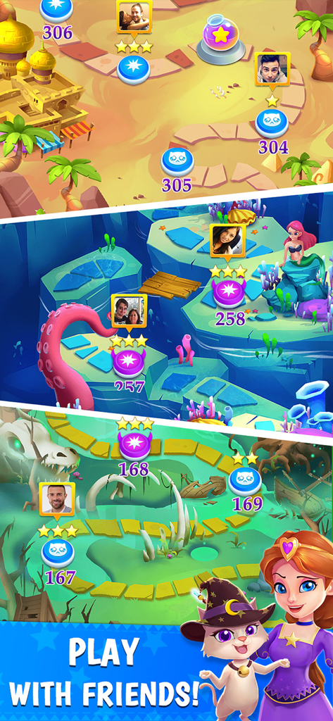 Bubble & Dragon - Level-Fortschrittskarte in Bubble and Dragon mit Profilbildern von Freunden und Social-Connectivity-Funktionen