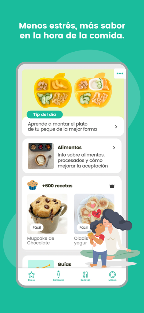 Application mobile Peque Ideas présentant des recettes saines et des guides nutritionnels pour les parents de jeunes enfants