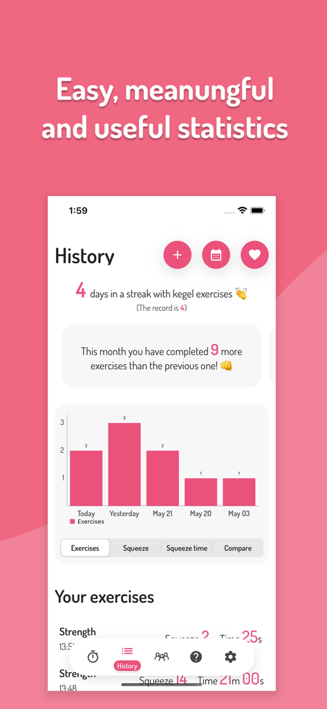 Squeeze Time app dashboard displaying pelvic floor exercise history and daily progress statistics
