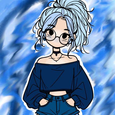 girl with a messy ponytail glasses a baggy crop top and jean shorts