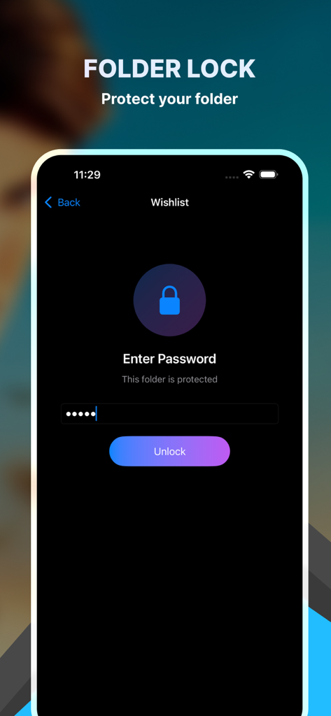 OMP - Offline Media Player - A smartphone screen showing the folder lock feature with a password entry field and a lock icon for private media protection.