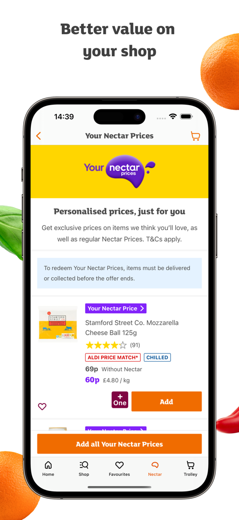 Screenshot of the Sainsbury's Groceries app showing personalized Nectar loyalty prices and discounts on products like mozzarella cheese.