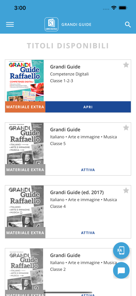 A list of digital textbooks in the Raffaello Player app showing titles and options to open or activate materials
