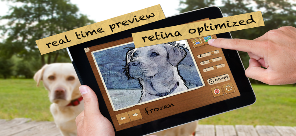 Aplicación Pencil Camera HD en un iPad mostrando un filtro de boceto a lápiz en tiempo real aplicado a la foto de un perro con una interfaz de madera.