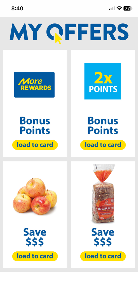 Tela Minhas Ofertas do aplicativo Save-On-Foods mostrando cupons de mercearia digitais e pontos de recompensa para carregar em um cartão de fidelidade