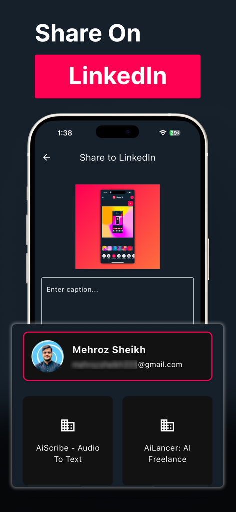 Screenshot Editor - SnapIt - Interface do aplicativo móvel SnapIt mostrando como compartilhar uma captura de tela estilizada diretamente no LinkedIn com uma legenda personalizada.