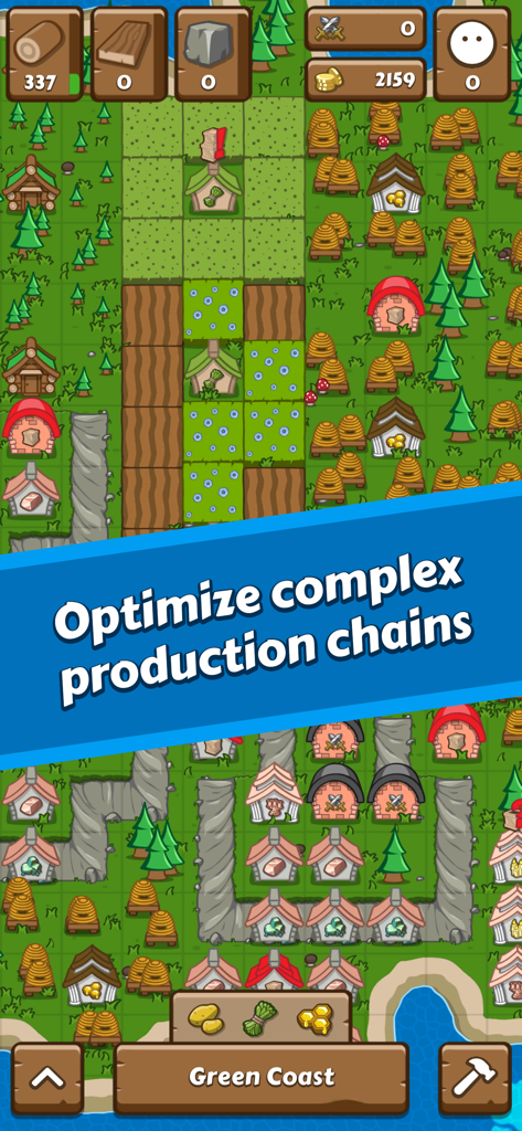 Paragon Pioneers - Una vista cenital de un asentamiento medieval que muestra la producción de recursos y la disposición de los edificios en Paragon Pioneers