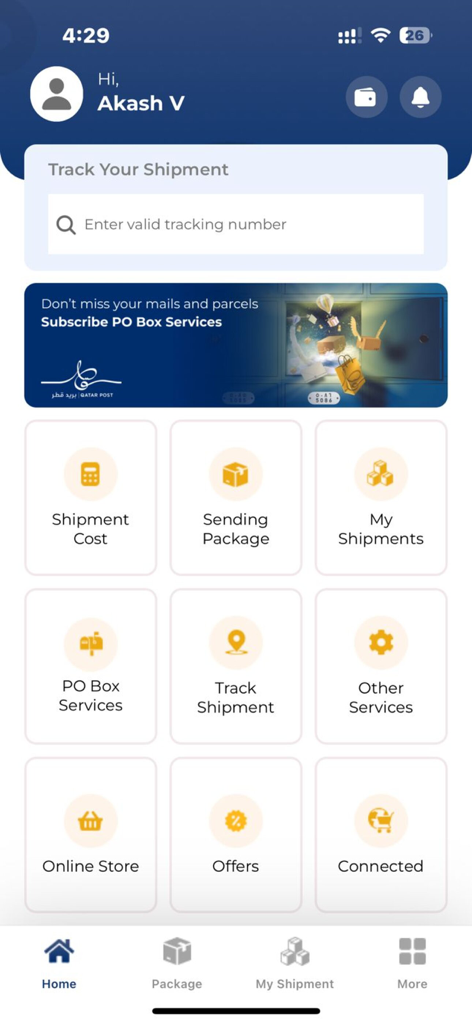 Tela inicial do aplicativo móvel QatarPost com rastreamento de remessas e serviços de Caixa Postal