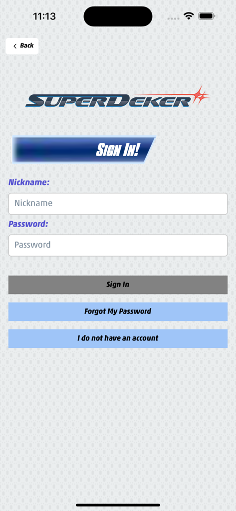 SuperDeker App - The login interface for the SuperDeker hockey training app showing nickname and password input fields.