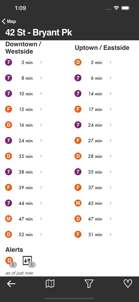 Underway: NYC Subway Transit - Real-time train arrival times for the 42 St Bryant Park station in the Underway NYC subway transit app