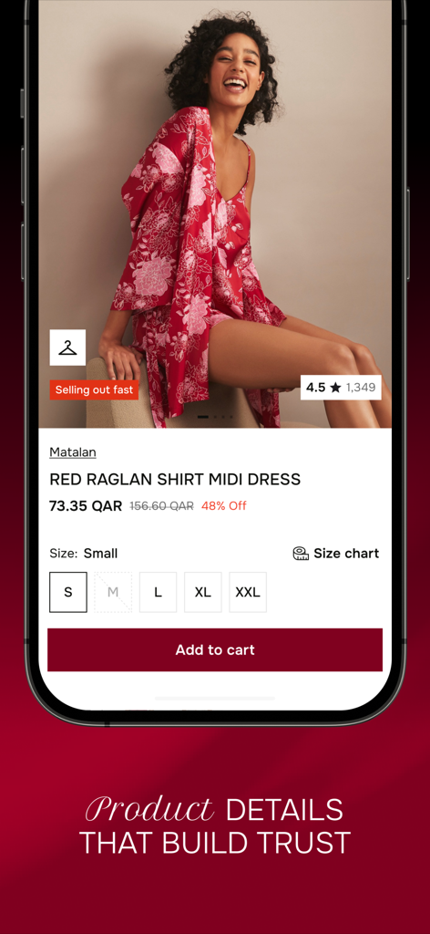 bFab : Shop Trends Online - bFab 모바일 앱 상품 페이지로 빨간색 Matalan 드레스에 대한 사이즈 선택 및 장바구니 담기 버튼 표시