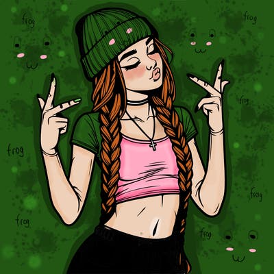 realistic teenage girl with braids and a beanie and crop top doing 🫶🏼