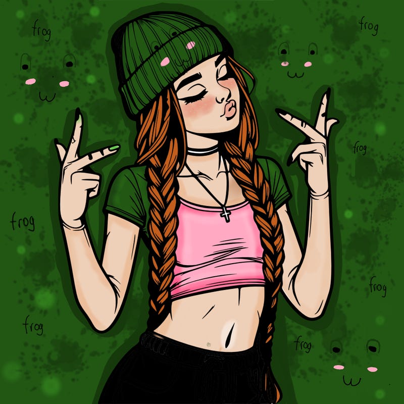 realistic teenage girl with braids and a beanie and crop top doing 🫶🏼