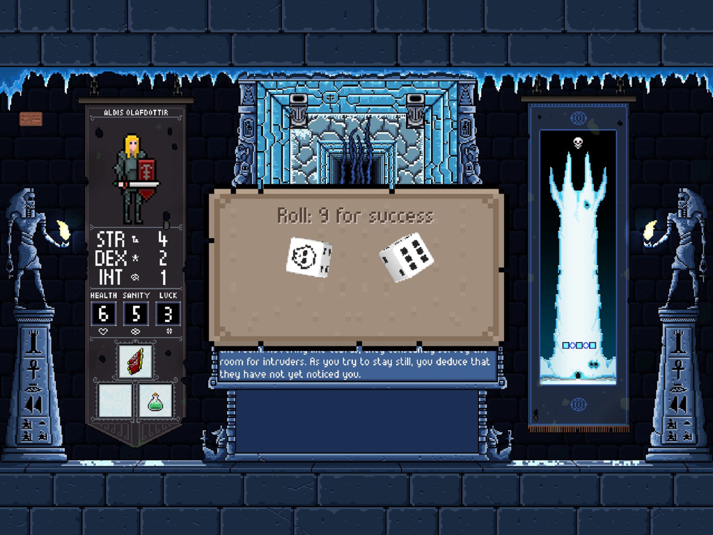 Tower Of The Ice Lich - Una pantalla de juego en pixel art de Tower Of The Ice Lich que muestra una tirada de dados para una prueba de éxito y estadísticas de personaje.