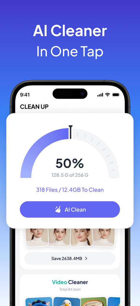 AI Cleaner Guru: Photo Cleaner - Interfaz de la aplicación AI Cleaner Guru mostrando un análisis de almacenamiento con un botón de Limpieza IA de un toque para eliminar 12.4 GB de archivos.