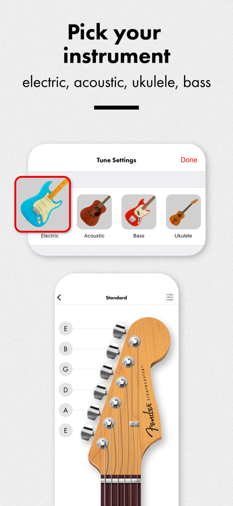 Fender Tune: Guitar Tuner App - Interface of the Fender Tune app showing options to select an instrument and a guitar headstock for tuning