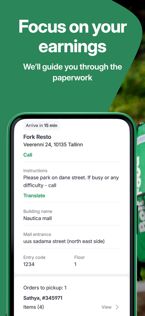Bolt Food Courier app interface showing detailed pickup instructions and restaurant location for a delivery partner
