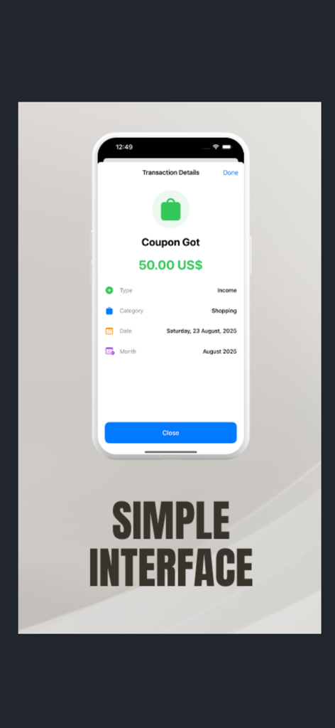 シンプルなインターフェースの Expenses Spending Tracker アプリで、トランザクションの詳細が表示されたスマートフォンの画面。