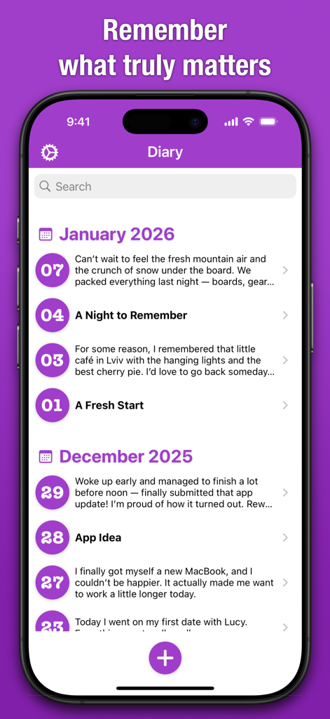 Simple Daily Diary - Minimalist list of journal entries in the Simple Daily Diary app with a purple color theme