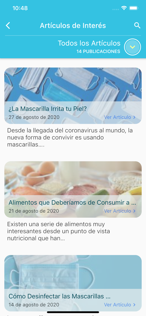 ARS Renacer - Captura de pantalla de la sección de artículos de salud y consejos de bienestar en la aplicación ARS Renacer