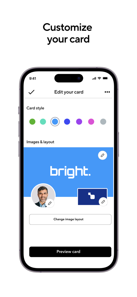 Interface for customizing the style and layout of a digital business card in the Blinq app