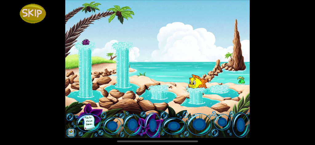 Freddi Fish 5: Coral Cove - Freddi Fish y Luther en una playa tropical con cascadas