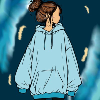 realistic girl with a oversized sweatshirt on and a bun