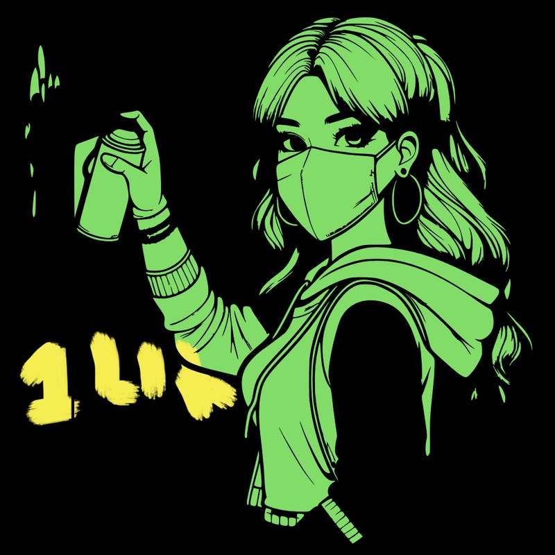 realistic girl with mask spray painting a wall