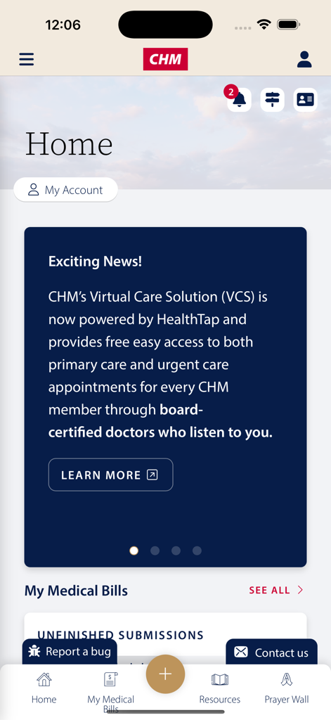 CHM Member Portal - 가상 진료 소식과 의료비 관리를 보여주는 CHM 회원 포털 홈 화면
