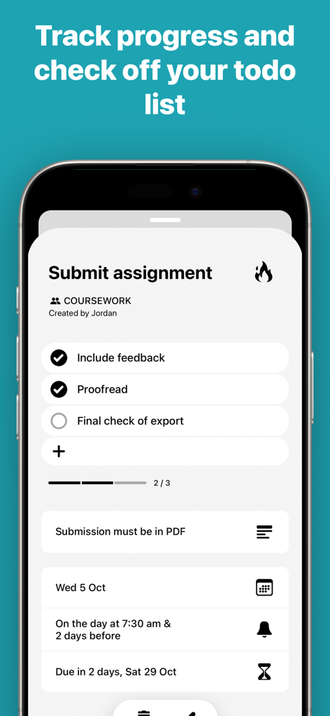 Un'interfaccia di attività minimalista nell'app Actions che mostra una lista di controllo per un incarico con una barra di avanzamento e promemoria.